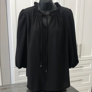 Anne Klein Black Ruffle Tie Neck Blouse | Women’s Large | 3/4 Sleeve